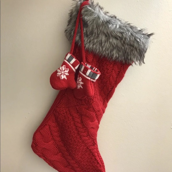 New Holiday Cable Knit Christmas Stocking Sock Country Style With Faux Fur, Red - Picture 4 of 7